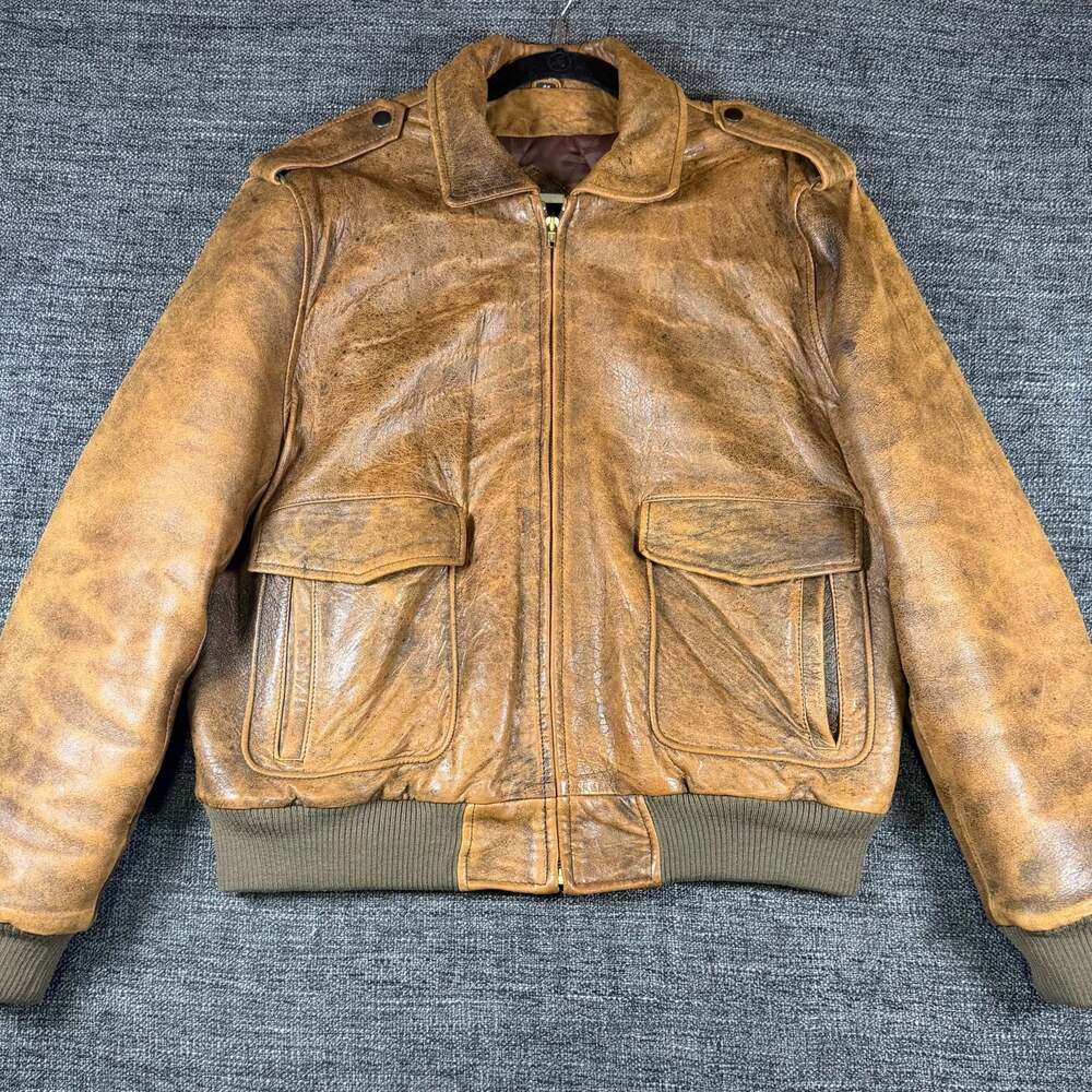 Vintage Adam Spencer Distressed Brown Leather A-2 Style Bomber Flight Jacket Siz